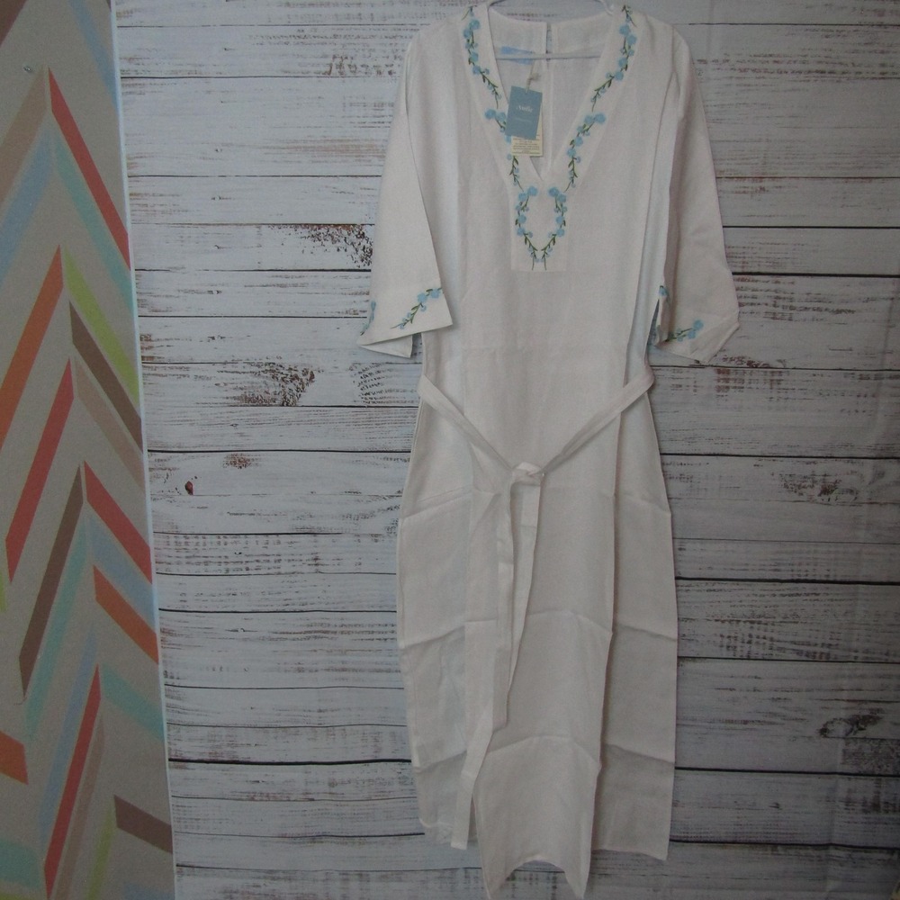 Fanm Mon White Dress with Blue Embroidery